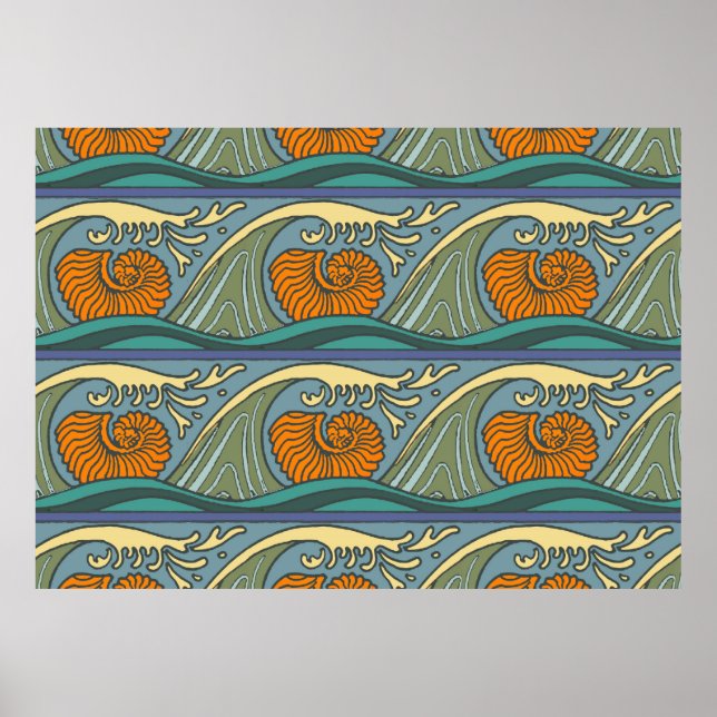 Poster Blue Ocean Waves Nautilus Seashell Motif Nouveau (Devant)