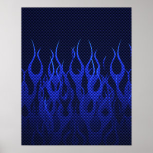 Poster Blue Racing Flames on Carbon Fiber