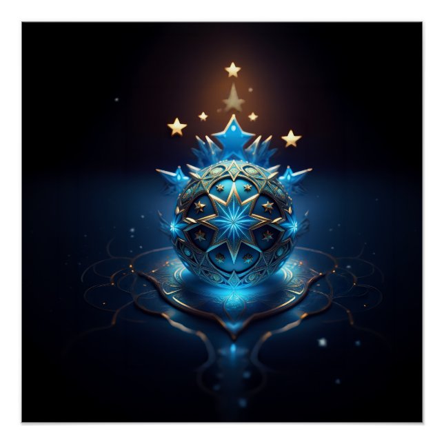 Poster Blue White Fractal Design With Stars (Devant)