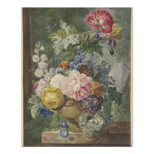 Poster Blumenstrauß in einer Vase mit Vogelnest