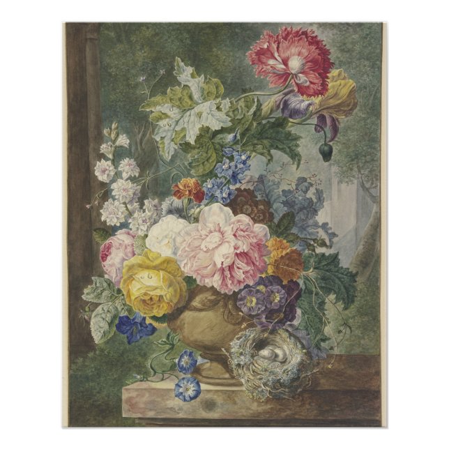 Poster Blumenstrauß in einer Vase mit Vogelnest (Devant)