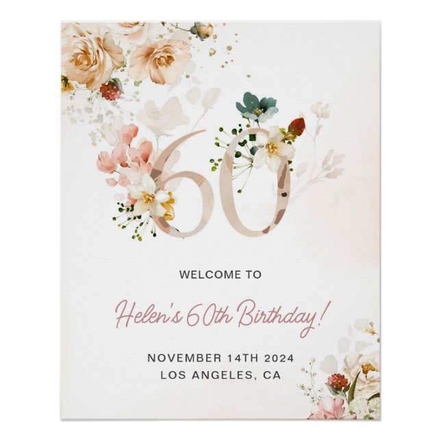 Poster Blush rose et or Floral 60e anniversaire Bienvenue (Devant)