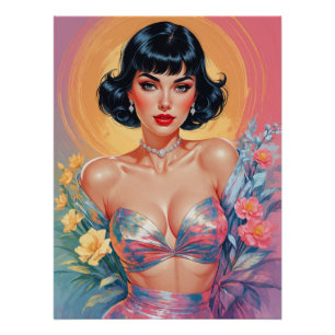 Poster Bob Coupe avec des bengs Brunette Pin-Up Fleurs pa