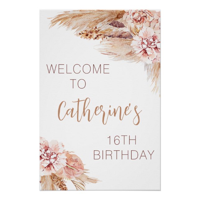 Poster Boho Blush Pampas Grass Sweet 16 Anniversaire (Devant)