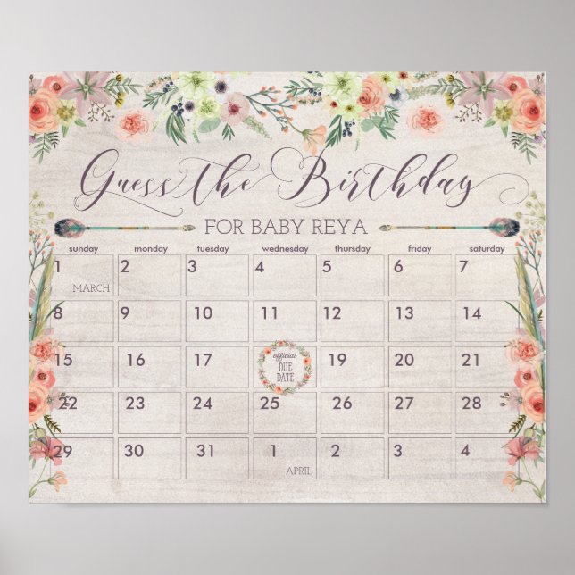 Poster Boho Date d'échéance Calendrier Signe Baby shower  (Devant)