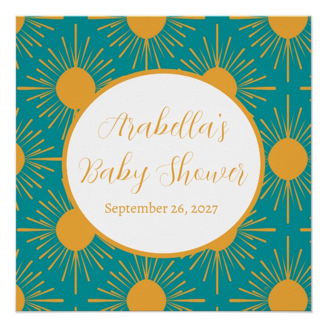 Poster Boho Little Ray of Sun Baby shower Turquoise (Devant)