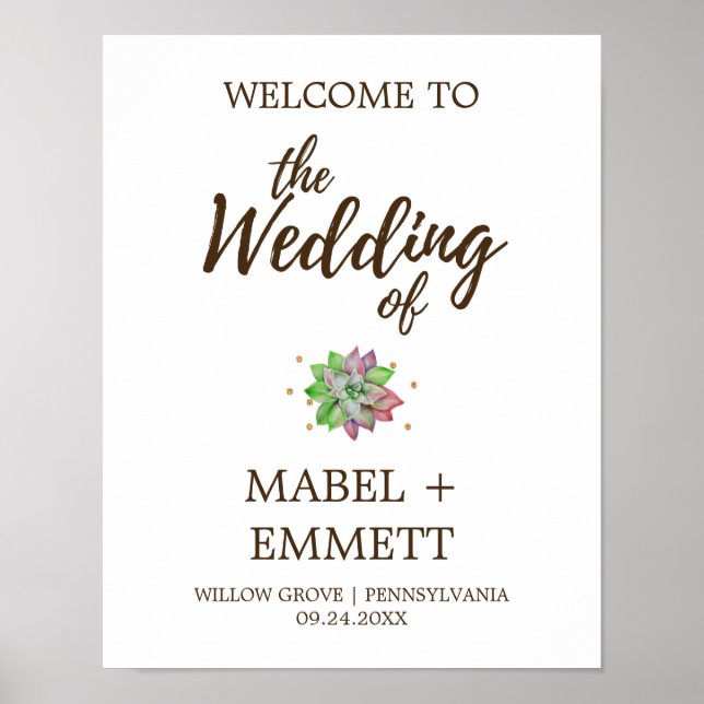 Poster Boho Rustic Mint Floral Succulent Mariage Bienvenu (Devant)