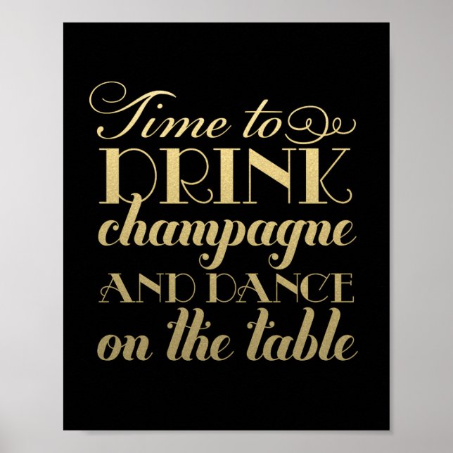 Poster Boire du Champagne et Danser en Noir et Or (Devant)