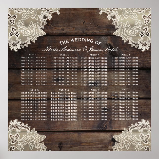 Poster Bois rustique & dentelle Mariage romantique Table  (Devant)