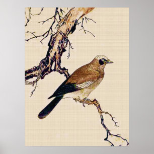 Poster Boiseries japonaises d'un Finch, Brown et beige