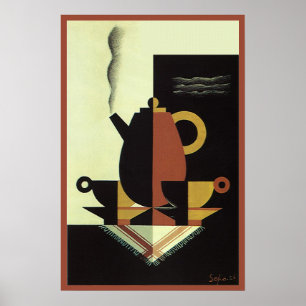 Poster Boissons de boissons vintage Cafetière avec tasses