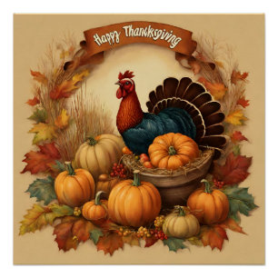 Poster Bon thanksgiving Turquie Vintage avec Citrouilles