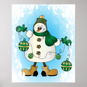 Poster Bonhomme de neige avec les ornements verts de Noël