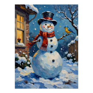 Poster Bonhomme de neige nostalgique heureux avec scène h