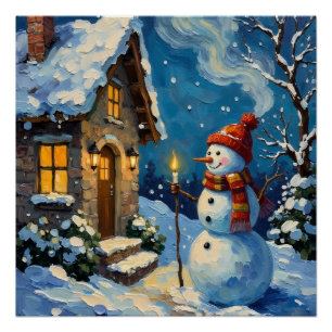 Poster Bonhomme de neige vintage près d'un cottage de Noë