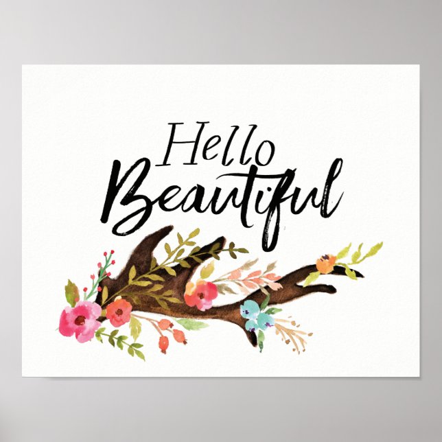 Poster Bonjour Belle Antler et Fleurs (Devant)