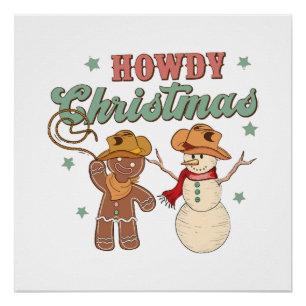 Poster Bonjour Noël Cowboy Bonhomme de Neige Western Drôl