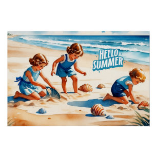 Poster Bonjour Summer Retro Enfants jouant sur une plage