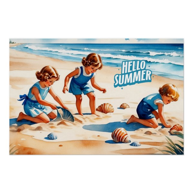 Poster Bonjour Summer Retro Enfants jouant sur une plage (Devant)