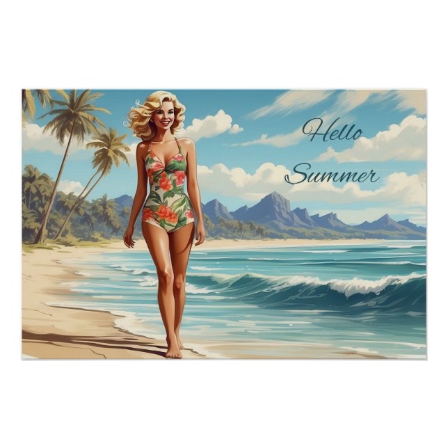 Poster Bonjour Summer Retro Lady Walking sur la plage (Devant)