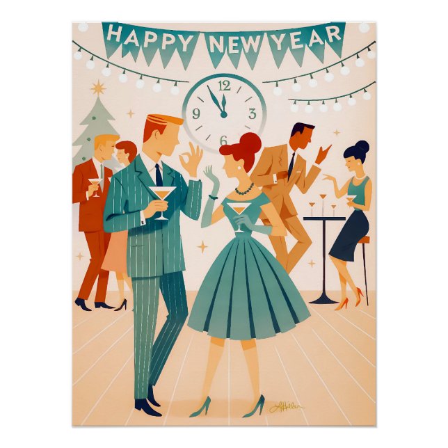 Poster Bonne année milieu du siècle La danse du Martini (Devant)