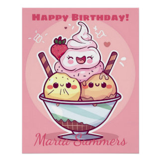 Poster Bonne fête d'anniversaire crème glacée Kawaii Cart