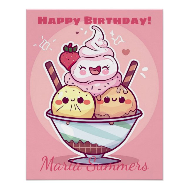 Poster Bonne fête d'anniversaire crème glacée Kawaii Cart (Devant)