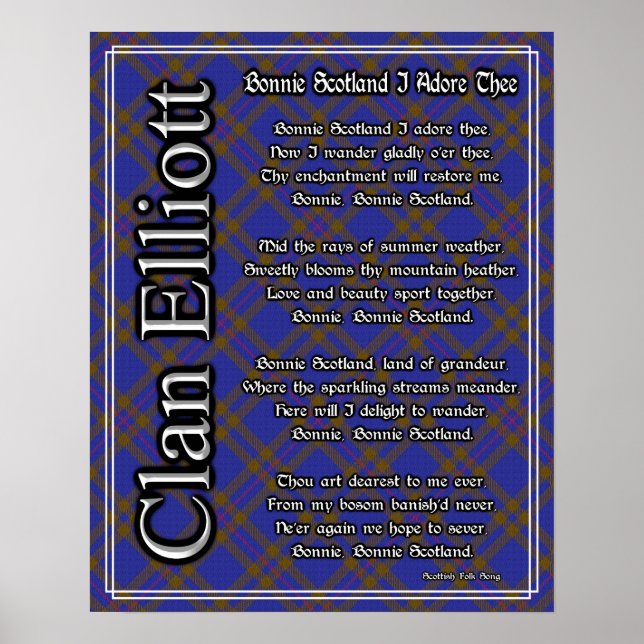 Poster Bonnie Scotland J'Adore Le Clan Elliott Tartan (Devant)