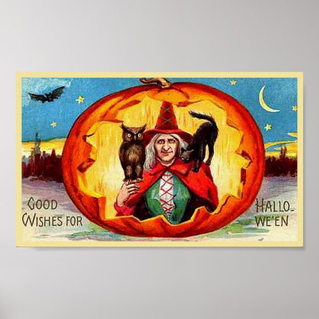 Poster Bons voeux pour Halloween, hibou, sorcière, chat,  (Devant)