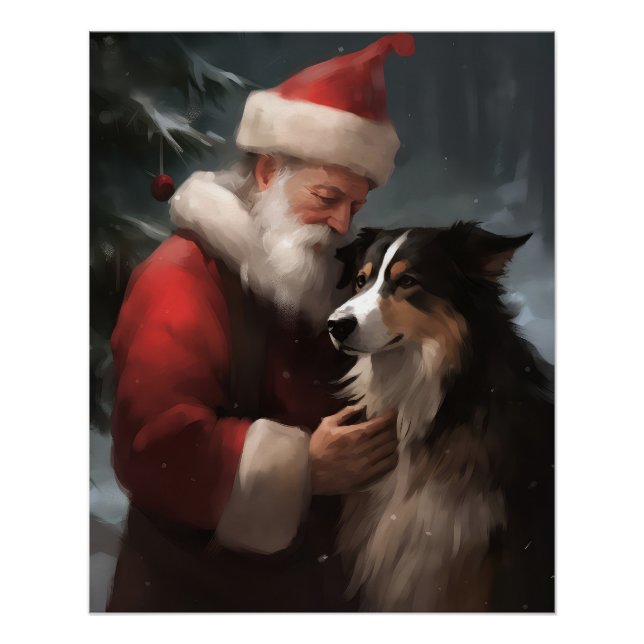 Poster Border Collie avec le Père Noël Festif Noël (Devant)