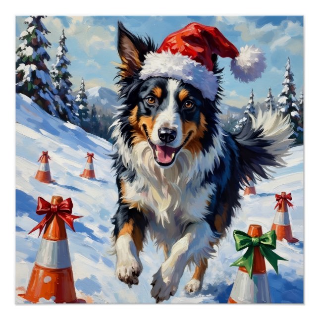 Poster Border Collie Chien Noël Neige Agilité Amusement (Devant)