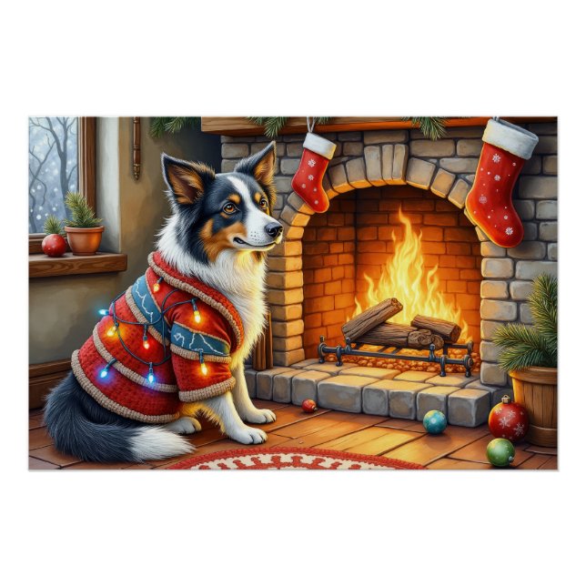 Poster Border Collie Fireplace with Christmas Lights (Devant)
