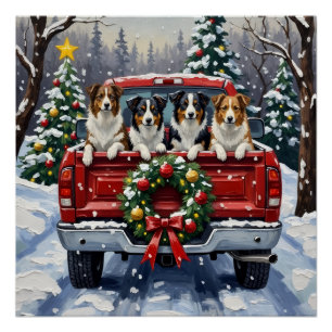 Poster Border Collie Noël Camion Rouge Fêtes de fin d'ann