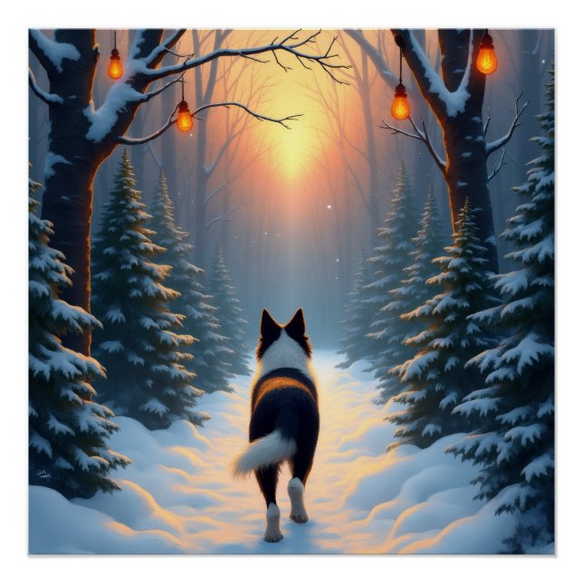 Poster Border Collie Snowy Forest Walk Holiday Painting (Devant)