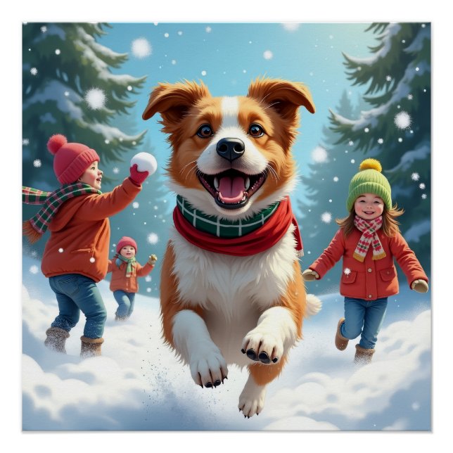 Poster Border Terrier Snowball Fight Christmas Painting (Devant)