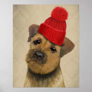 Poster Border Terrier with Red Bobble Hat