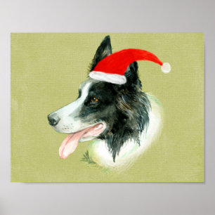 Poster Bordure Collie Chien de Noël Santa Hat