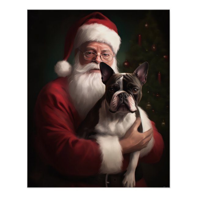 Poster Boston Terrier avec Noël Festif du Père Noël (Devant)