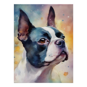 Poster Boston Terrier Digital Watercolor Portrait Chien 1