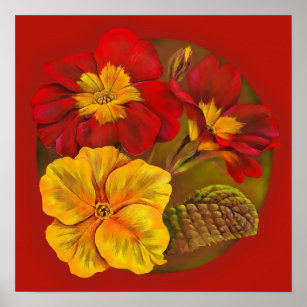 Poster botanique Primula rouge et jaune