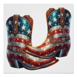 Poster Bottes de cowboy Drapeau Américain Bling