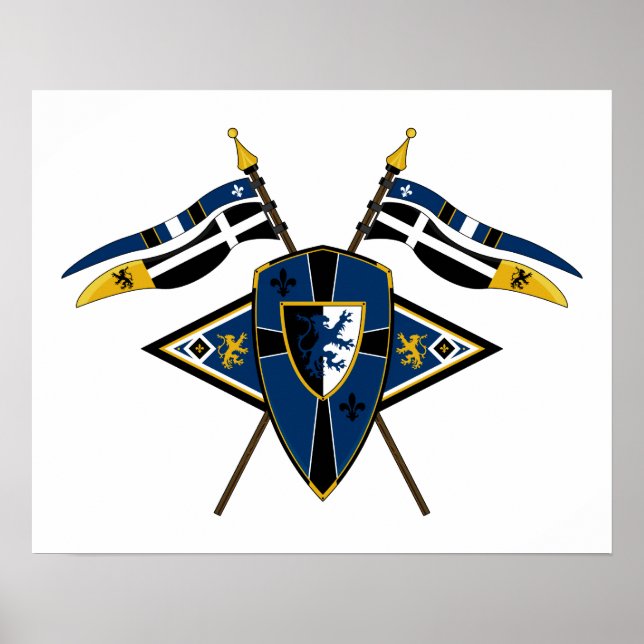 Poster Bouclier médiéval et drapeaux (Devant)