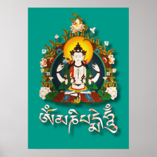 Poster Bouddha Amitabha Om Mani Padme Hum Tibétain