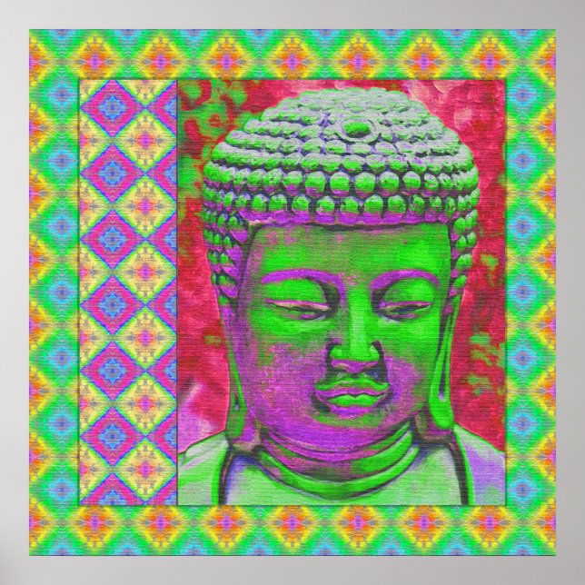 Poster Bouddha Pop avec des bordures en Patchwork en vert (Devant)