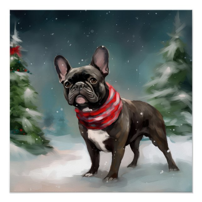 Poster Bouledogue français dans la neige de Noël (Devant)
