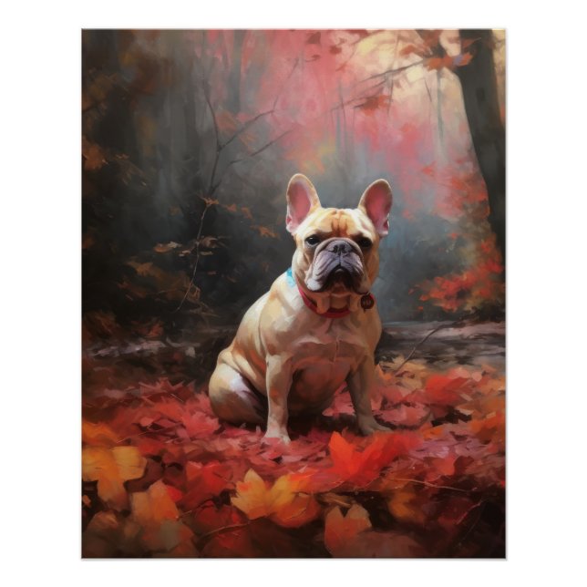 Poster Bouledogue français dans les feuilles d'automne qu (Devant)