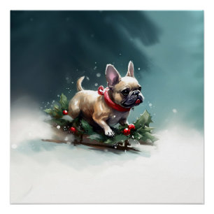 Poster Bouledogue français Noël neige hiver
