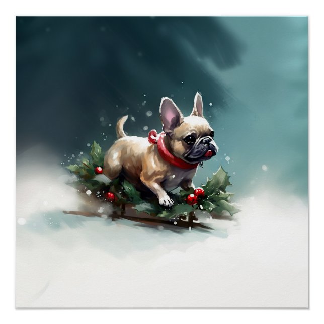 Poster Bouledogue français Noël neige hiver (Devant)