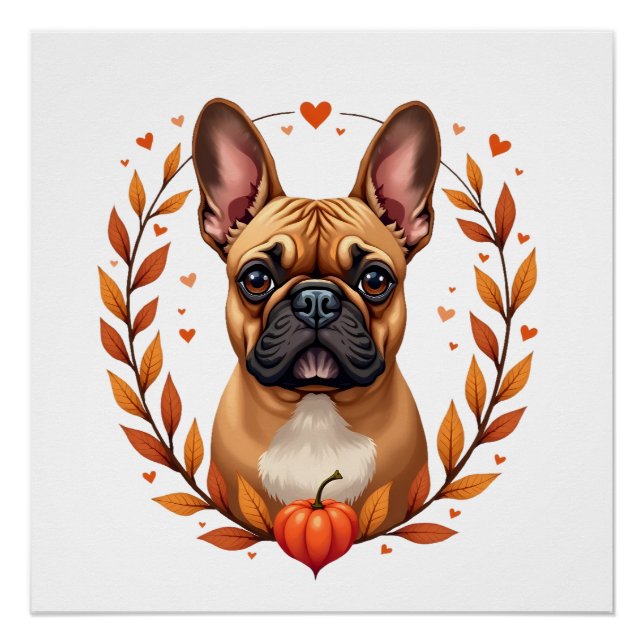 Poster Bouledogue français vintage avec couronne de feuil (Devant)