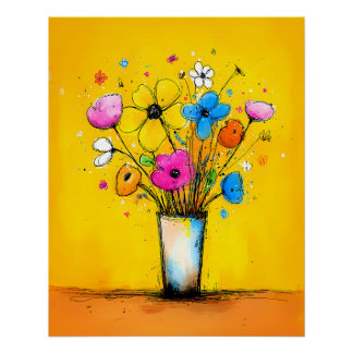Poster Bouquet coloré dans un vase - Style Pop Art Cartoo